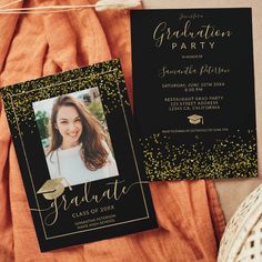 a graduation party card with gold confetti on it and a black graduate's photo