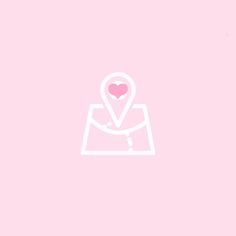 a pink background with a white heart in the middle and a map pin on it