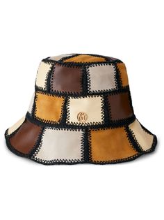 multicolour calf suede calf leather curved narrow brim logo plaque patchwork design Leather Bucket Hats, Bucket Hat Leather, Diy Leather Hat, Sustainable Fashion Upcycling, Cool Bucket Hats, Cute Bucket Hats, Patchwork Hat, Patchwork Bucket Hat, Leather Crochet