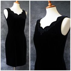 Vintage Laura Ashley Velvet Dress. Size Us 8 (Uk 12). - Rich Black Velvet Fabric - Scalloped V Neckline And Back, Highlighted With Embroidery - 73% Cotton 27% Viscose With 100% Acetate Lining - Excellent Condition Measurements: Bust: 34" Waist: 29" Hips: 38" Length: 36" Black Velvet Fabric, Vintage Laura Ashley, Ashley Black, Black Velvet Dress, Size 8 Dress, Laura Ashley, Velvet Dress, Velvet Fabric, Black Velvet