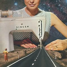 a woman is holding a sewing machine in front of an image of a person standing on the road