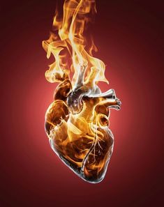 a heart is shown in flames on a red background