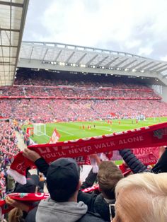 fans at a soccer game holding up a red scarf