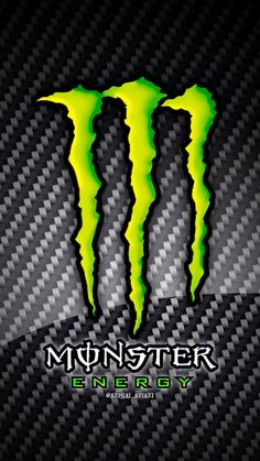 the monster energy logo is shown on a black background with green and white stripes,