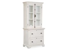 a white china cabinet with glass doors on the top and bottom drawers, in front of a white background