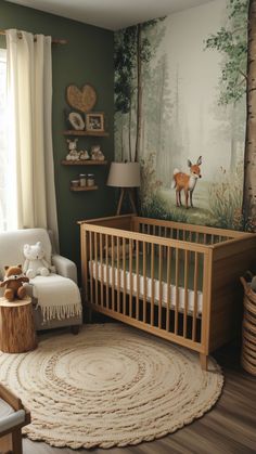 A woodland-themed baby girl nursery with a hand-painted forest mural featuring a deer, a natural wooden crib with green bedding, forest green walls, a cozy armchair with knit blanket, a tree-stump side table, and a woven circular rug. Baby Girl Nursery Ideas, Wooden Crib, Girl Nursery Ideas, Nursery Inspiration Girl, Wooden Cribs, Forest Mural, Knit Rug, Woodland Nursery Theme, Girls Nursery