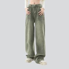 Pale green vintage baggy jeans online—cool women's jeans from the 2023 Spring-Summer collection. With street fashion, you can be sure that your outfit reflects your personality and values. Street-style denim clothes offer a unique look that allows you to express your individuality and stand out. Street-style denim clothing is comfortable and versatile, allowing you to mix and match different pieces to create unique looks. This clothing style is also easy to customize, so you can stay on trend wi Casual Baggy Green Jeans, Green Baggy Wide Leg Jeans, Green Baggy Jeans, Baggy Green Wide-leg Jeans, Baggy Green Full-length Jeans, Vintage Baggy Jeans, Denim Clothes, Brown Zip Ups, Oversized Jean Jacket