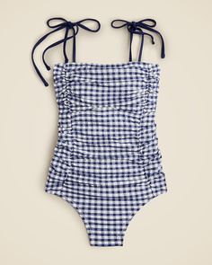 Ruched tie-shoulder one-piece swimsuit in gingham Neutral Swimwear, Gingham Swimwear, Gingham Swimsuit, Modest Swim, Florida Girl