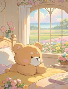 a brown teddy bear sitting on top of a bed next to a flower filled window