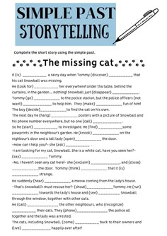 the missing cat worksheet is shown in black and white, with blue lettering