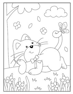 a coloring page with a cat in the grass and butterflies on it, for kids to color