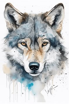 a watercolor painting of a wolf's face