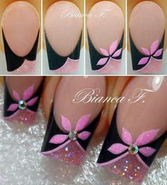 Black & Pink French... #KimsKieNails Nagel Tips, Black Nail Art, Flower Nail Art, Gel Nail Designs, Nail Art Inspiration, Fancy Nails, French Tip Nails, Nail Art Tutorial