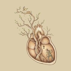 a drawing of a human heart with trees growing out of it and birds flying around