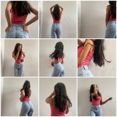 several images of a woman with her hands in her hair and wearing high waisted jeans