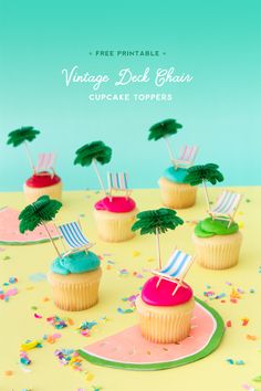 cupcakes decorated with beach chairs and palm trees