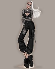 a drawing of a woman with white hair wearing black and silver clothing, standing in front of a gray background