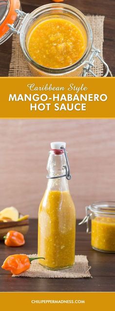 two pictures showing how to make mango - habanero hot sauce