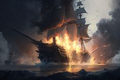 a painting of a pirate ship on fire in the ocean