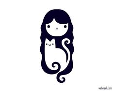 a girl with long hair and a cat on her back is depicted in this black and white illustration