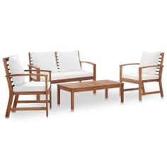 three pieces of furniture with white cushions and wood frame, all in different shapes and sizes