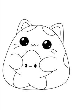 a black and white drawing of a cat with big eyes