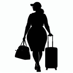 a woman carrying two suitcases and a handbag walking away from the camera, silhouetted against a white background