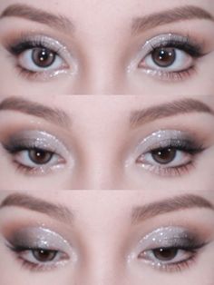 Eye Makeup Ideas Silver, Grey Shimmer Eye Makeup, Simple Makeup Looks With Glitter, Simple White Glitter Eye Makeup, Brown Silver Makeup, Light Silver Makeup Looks, Silver Grey Makeup Look, Eye Makeup Silver Glitter, Korean Silver Makeup