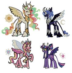 four different types of ponys with wings