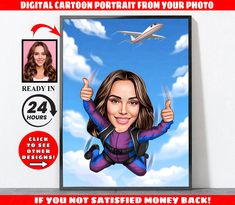 a digital caricature of a woman flying in the sky with an airplane behind her