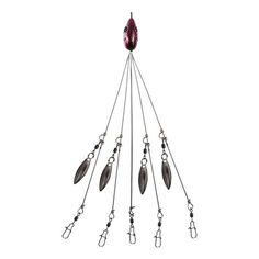 a long metal chandelier with feathers hanging from it's sides and hooks