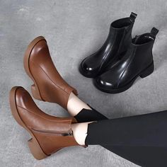 Olivia Mark - Simple Brown Genuine Leather Flat Martin Boots with Round Toe and Chunky Heel Chunky Heels Casual, Rough Heels, Brown Cowhide, Brown Heels, Casual Loafers, Martin Boots, Leather Flats, Boot Sandals, Chunky Heel