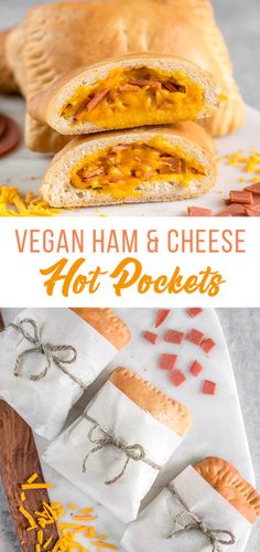 two pictures with different types of food on them and the words vegan ham and cheese hot pockets