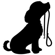 a dog with a leash in its mouth sitting on the ground, silhouetted against a white background