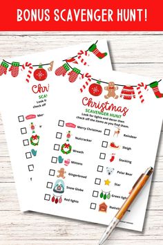 a printable christmas scavenger hunt is shown with a pen on top of it