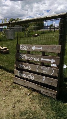 a wooden sign pointing in different directions on the side of a fenced in area