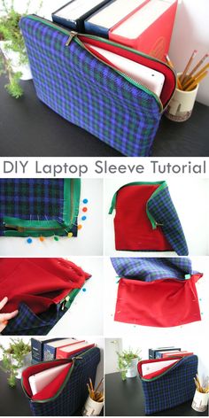 the diy laptop sleeve is made out of fabric and has zippers on it