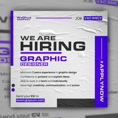 a purple and white flyer with the words we are hiring graphic designer