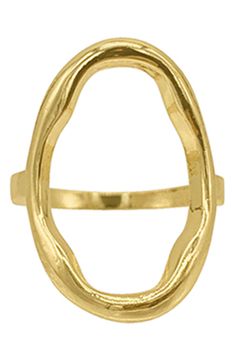 A liquid-like texture brings a contemporary element to this gleaming ring. 1" x 0.5" 14K gold plated brass Imported Midi Ring, Modern Gold Oval Ring, Gold Open Ring, Gold Oval Brass Rings, Brass D Ring, Oval Gold Brass Rings, Modern Gold Open Circle Ring, Melted Gold Ring, Artisan Brass Open Ring Jewelry