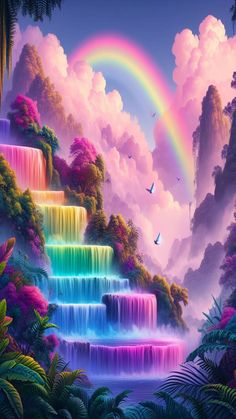 a waterfall with rainbows and birds in the sky