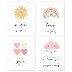 four greeting cards with hearts, clouds and rainbows