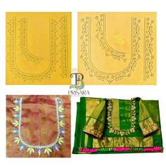 three different types of sarees with embroidery work on the side and in green, yellow