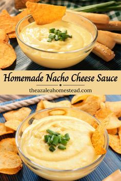 homemade nacho cheese sauce in a bowl with tortilla chips on the side