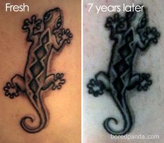 the same tattoo is shown before and after it has been inked to look like lizards