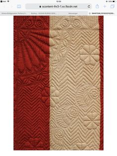 a red and white quilt with an intricate design on the front, side by side