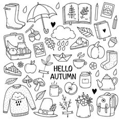 hello autumn doodle set in black and white with an umbrella, boots, books, flowers