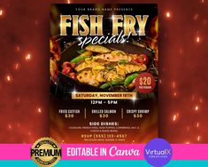 a fish fry special flyer is displayed on a red background with fireworks and sparkles