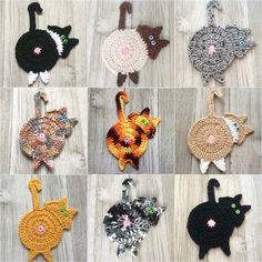 crocheted cats and kittens are shown in different colors, sizes and shapes