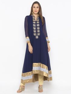 Navy Blue Georgette A Symmetrical Full Length Kalidar Kurta With Kundan Jewellery Embroidery On Collar And Neck Patti.. Antique Gold Tissue And Silver Sequin Detailing On Neckline.. Full Sleeve Edge And Hemline. Asymmetric Pants, Kurta With Pants, Chiffon Lace, Straight Pants