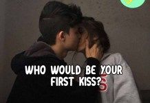 a man and woman kissing each other with the caption who would be your first kiss?